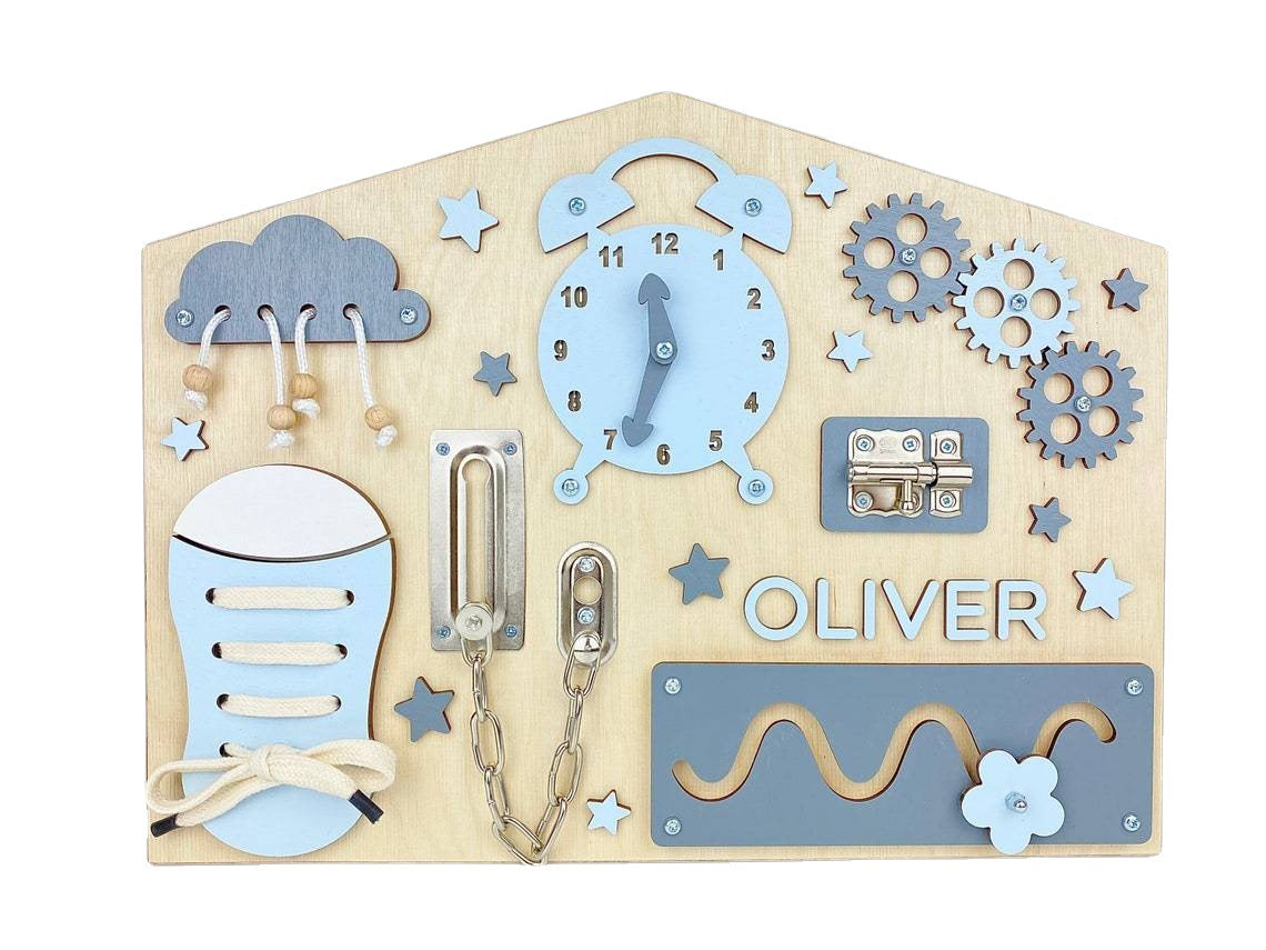 House shaped wooden busy board on white background