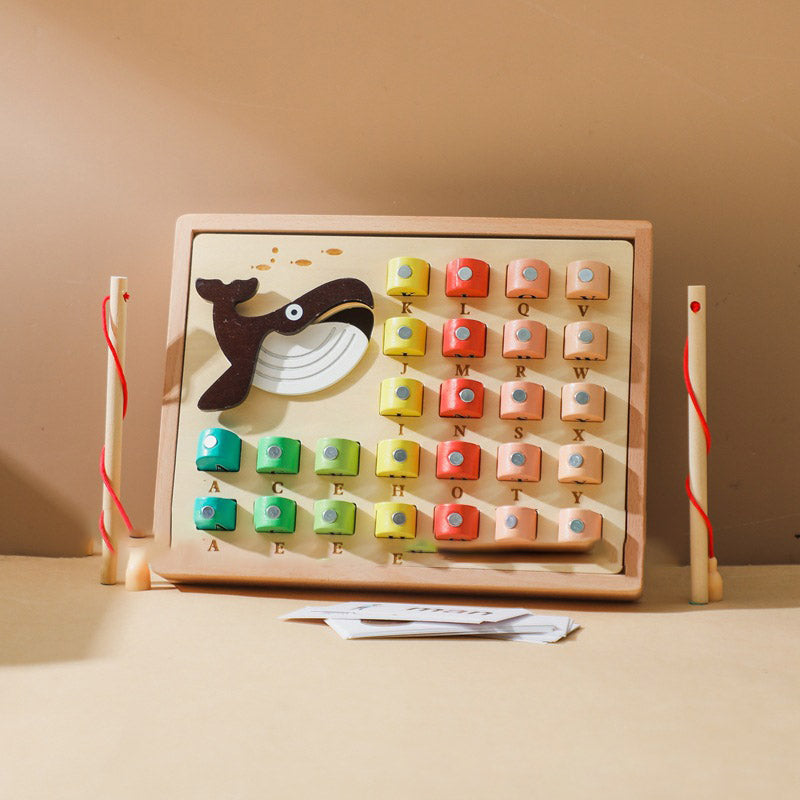 Wooden whale alphabet fishing game with rods and word cards