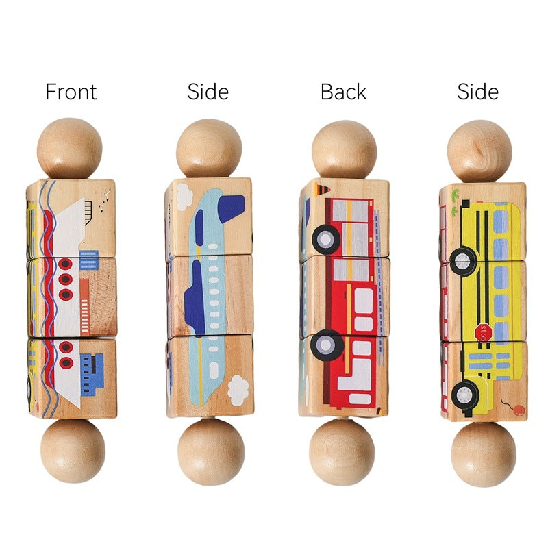 Wooden rotating puzzle, vehicles design, all four sides