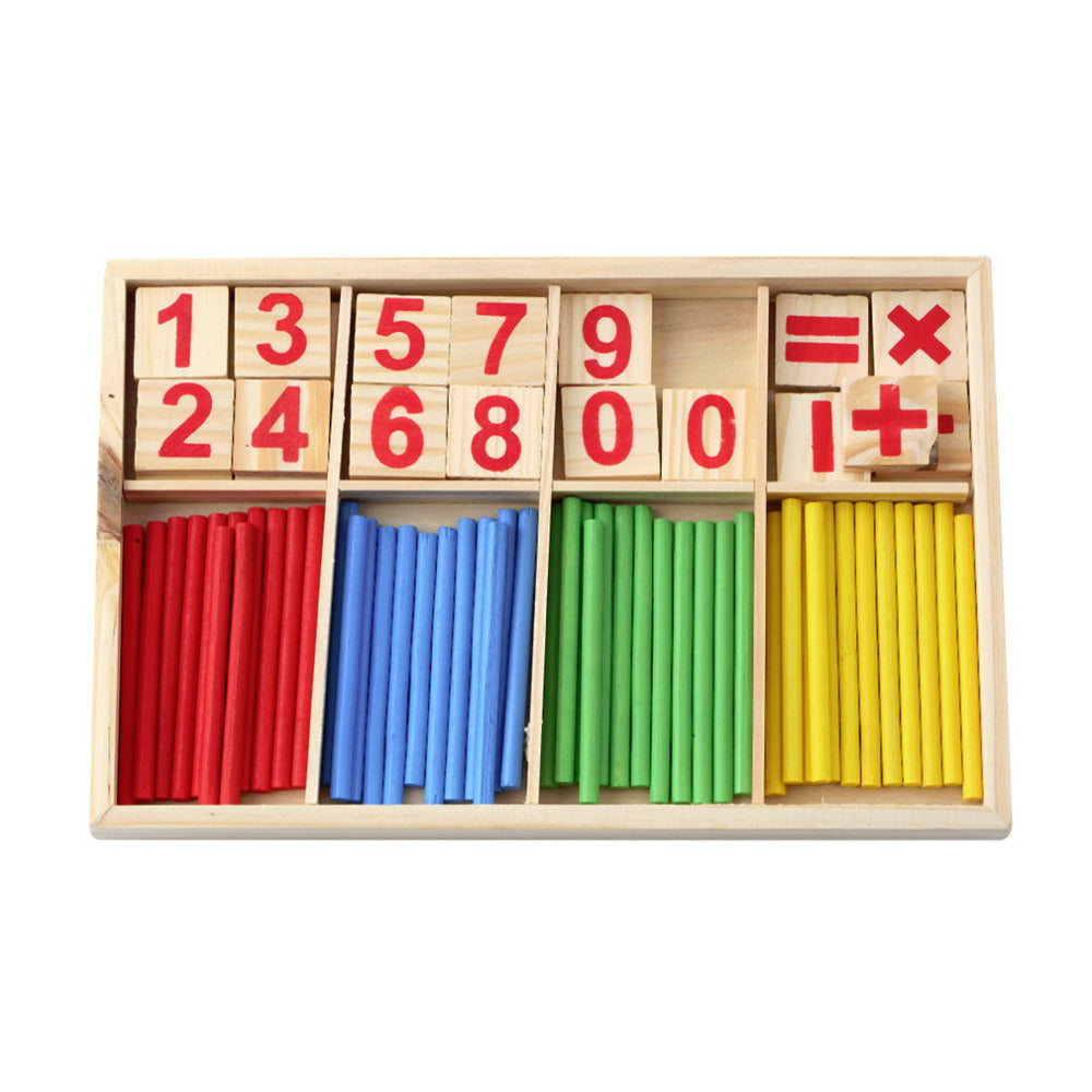 Wooden math counting sticks set front view in tray