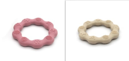 Silicone textured ring teether pair in pink and beige