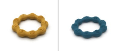 Silicone textured ring teether pair in mustard yellow and dark blue