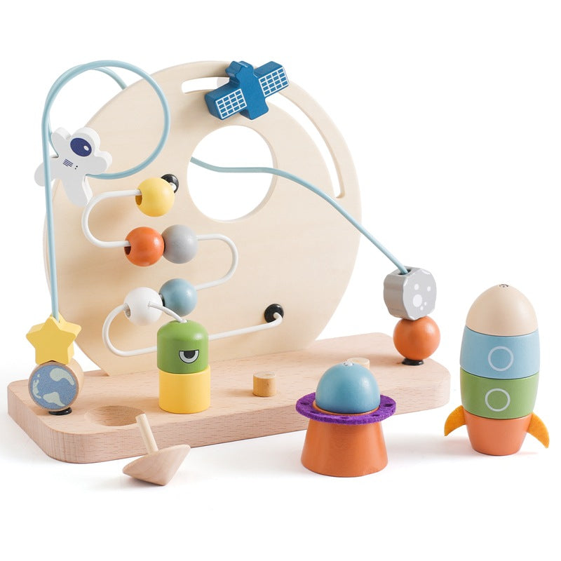 Wooden space bead maze on white background