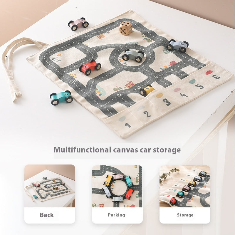 Canvas road mat storage and parking features