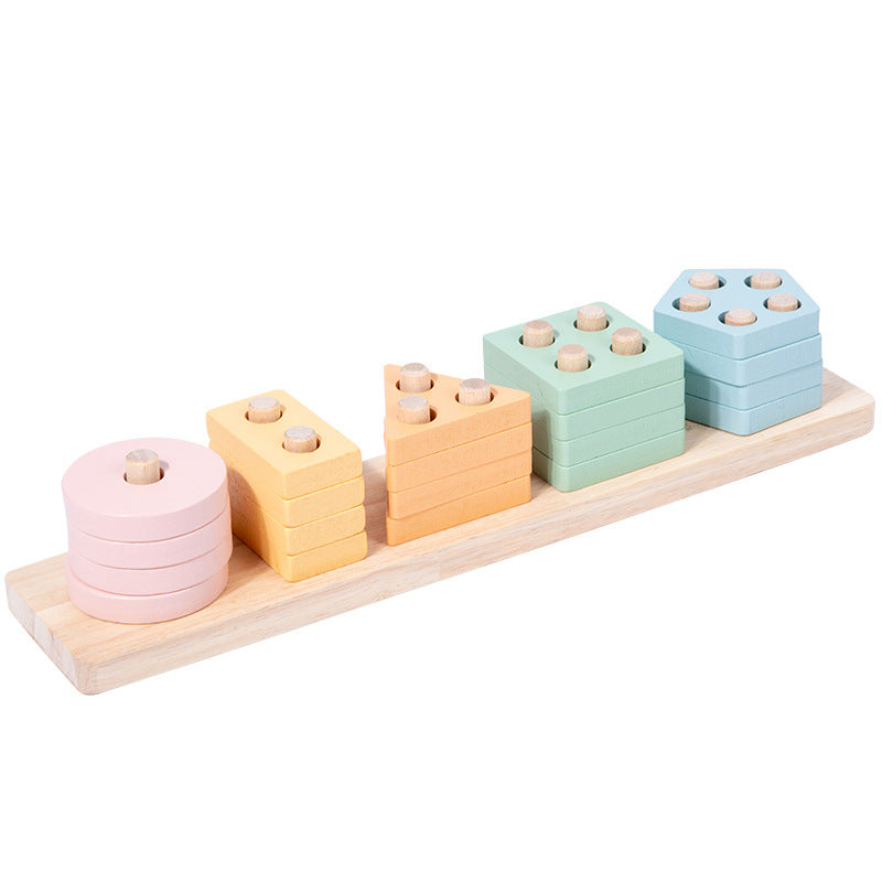 Pastel wooden shape stacker fully stacked on white background