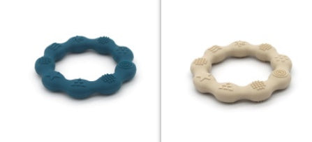 Silicone textured ring teether pair in dark blue and beige