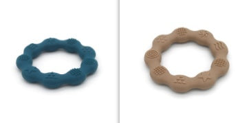 Silicone textured ring teether pair in dark blue and khaki