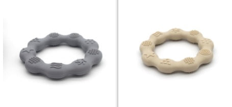 Silicone textured ring teether pair in grey and beige
