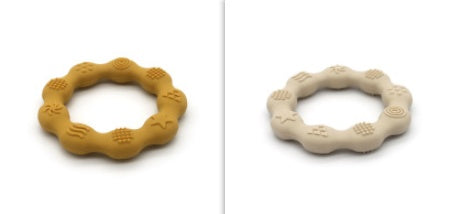 Silicone textured ring teether pair in mustard yellow and beige
