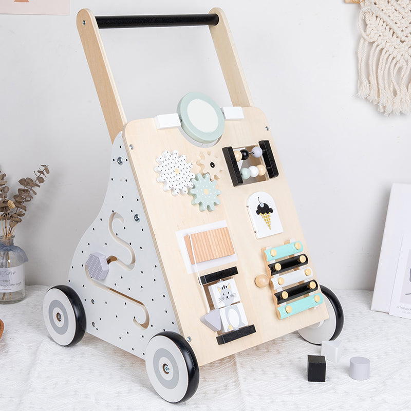 Wooden busy board baby walker with activity panel and push handle