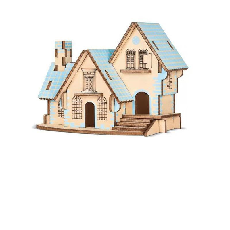 Pastel blue cottage wooden 3D puzzle