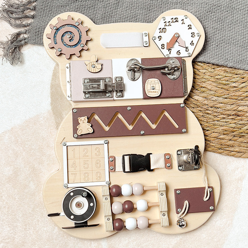Bear wooden busy board with latches and lock