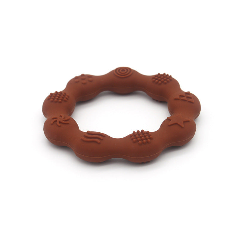 Silicone textured ring teether in rust brown