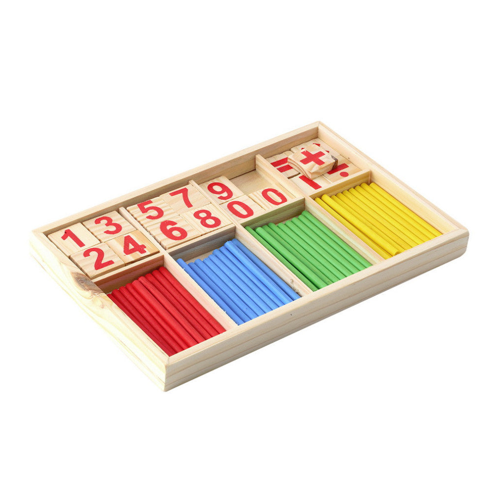 Wooden math counting sticks set in wooden tray on white background