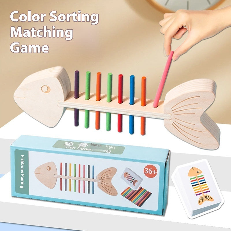 Wooden fishbone color sorting game with packaging and cards