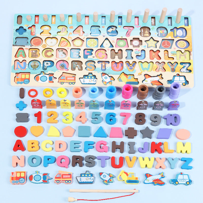 Wooden learning board with all pieces laid out