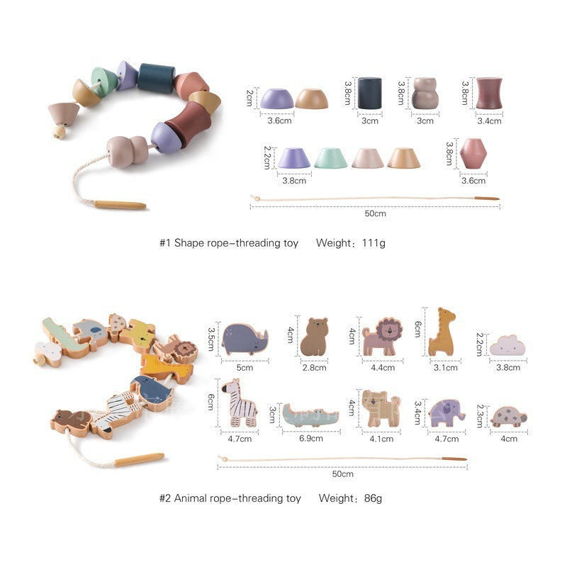 Wooden lacing toy size chart for shapes and animals sets
