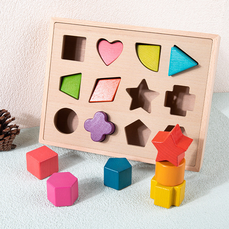 Wooden shape sorting box with colorful blocks