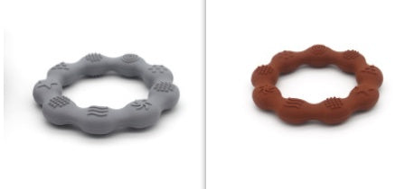 Silicone textured ring teether pair in grey and rust brown