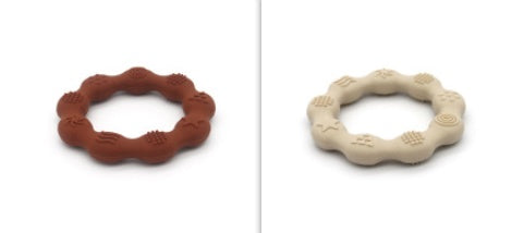 Silicone textured ring teether pair in rust brown and beige