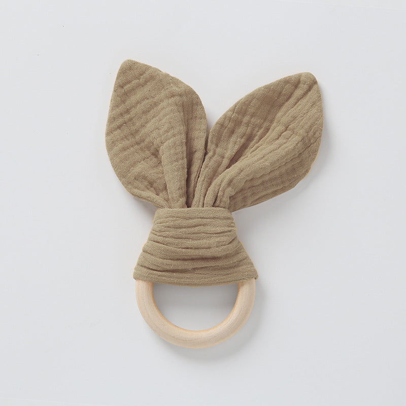 Dark khaki muslin bunny ear teether ring