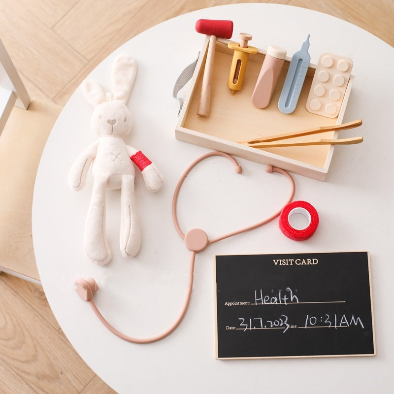 Wooden doctor kit and case on a play table