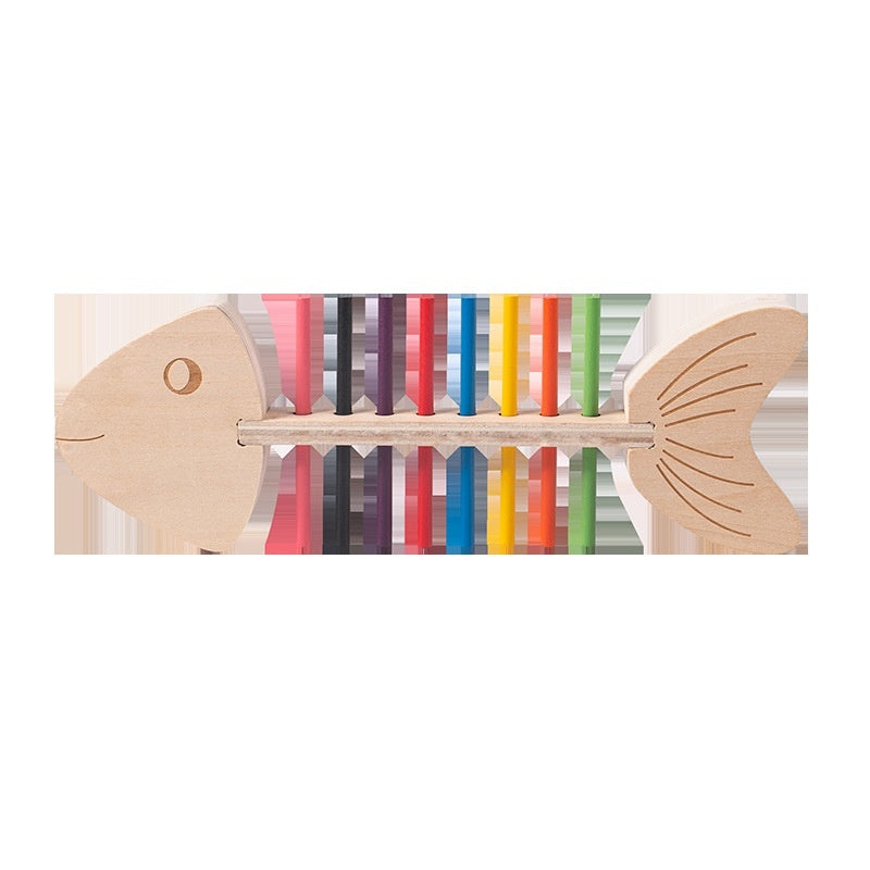Wooden fishbone color sorting game on white background