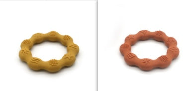 Silicone textured ring teether pair in mustard yellow and orange