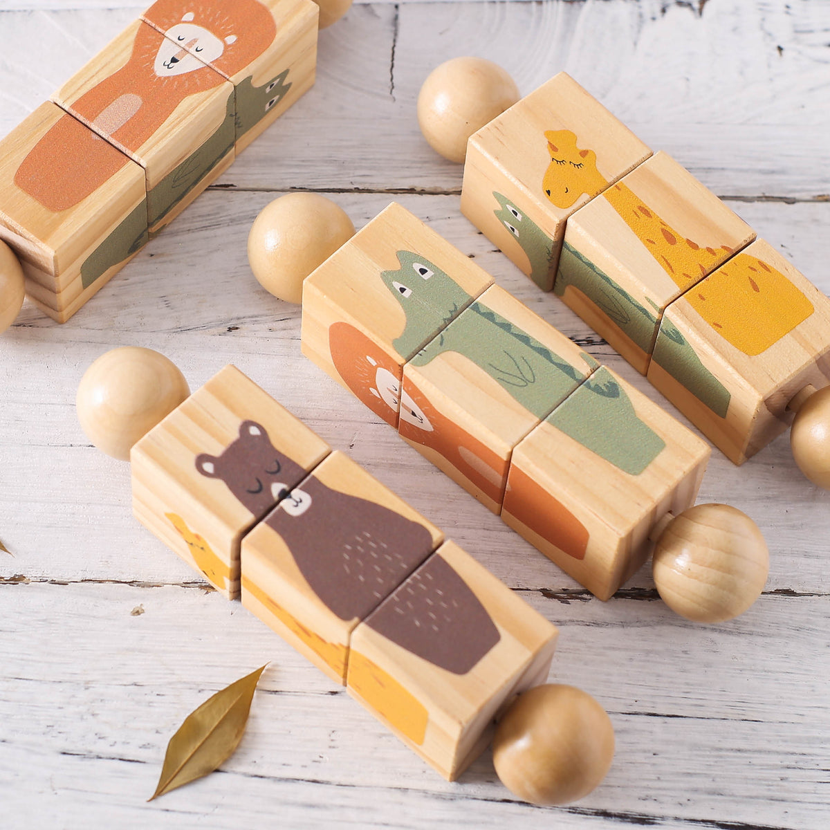 Close-up of wooden rotating puzzle blocks