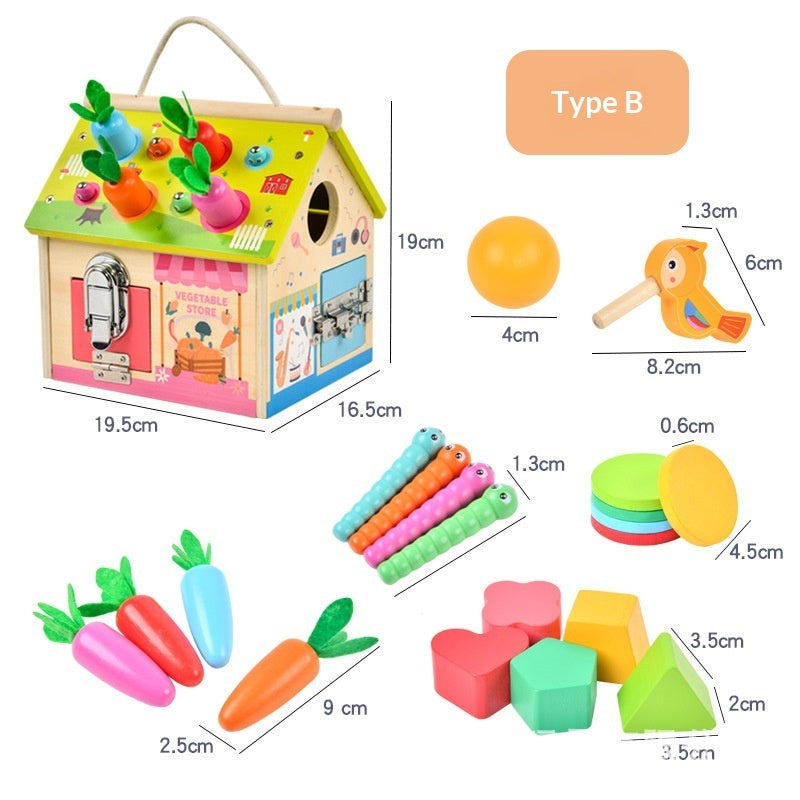 Wooden Montessori busy toolbox Type B carrot busy house with measurements