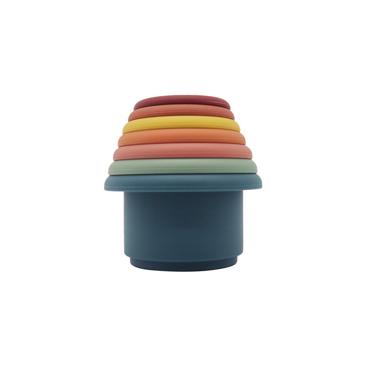 Blue silicone stacking cups nested together