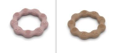Silicone textured ring teether pair in light pink and khaki