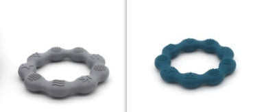 Silicone textured ring teether pair in grey and dark blue