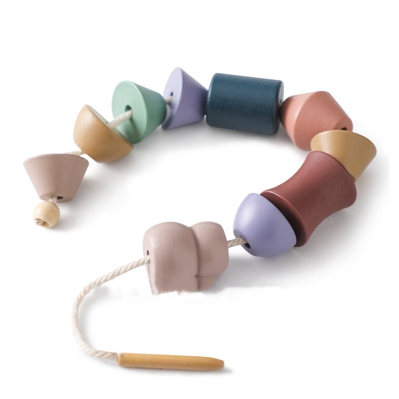 Wooden shapes lacing toy threaded on white background