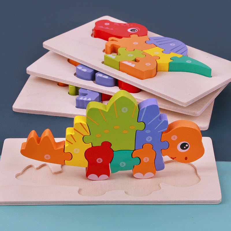 Stack of wooden dinosaur puzzles on their trays