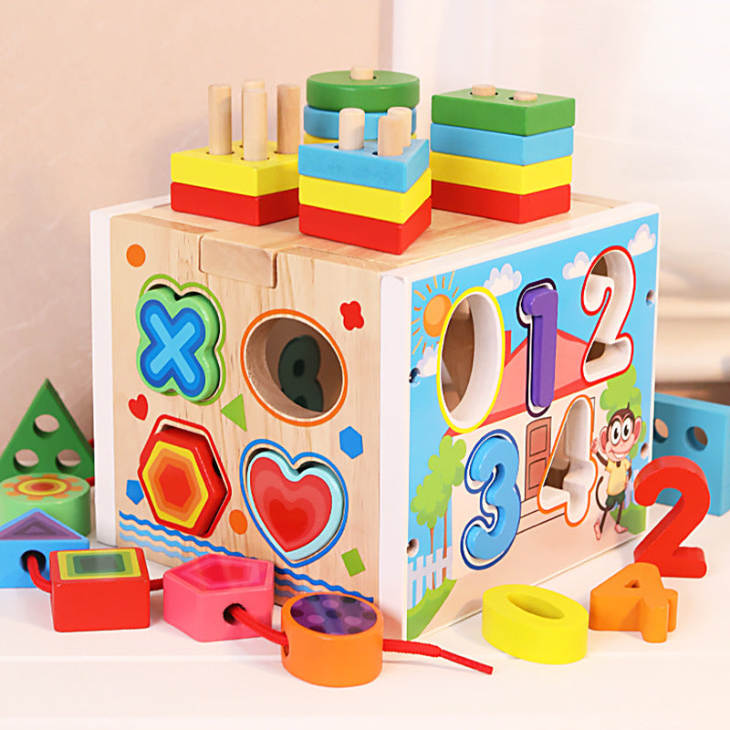 Wooden shape, number and lacing cube number side with lacing pieces