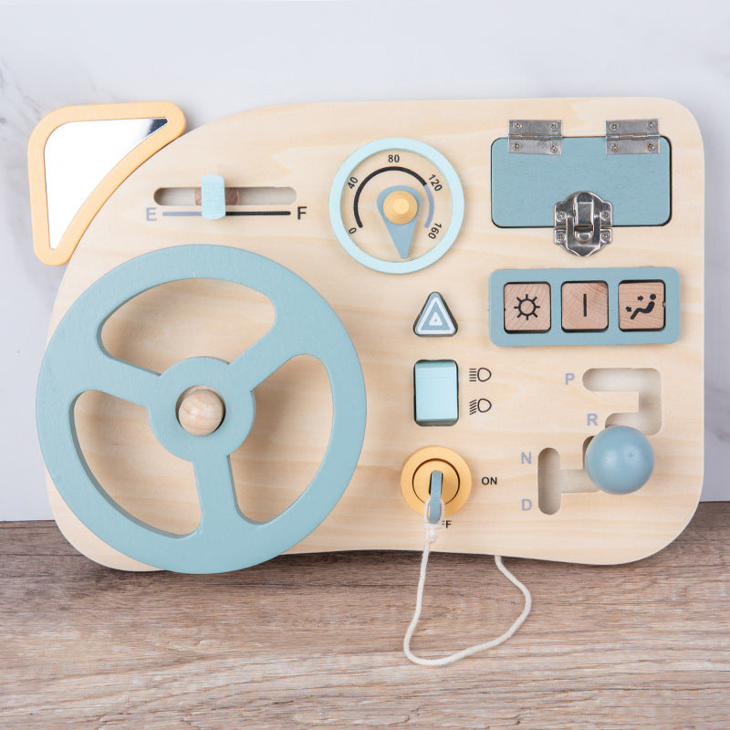 Wooden car dashboard busy board with steering wheel