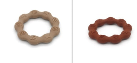 Silicone textured ring teether pair in khaki and rust brown