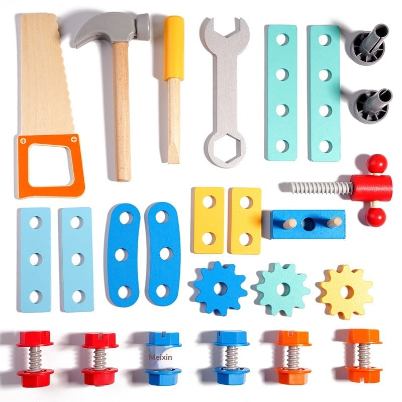 Wooden Montessori busy toolbox tools, bolts, nuts and gears laid out