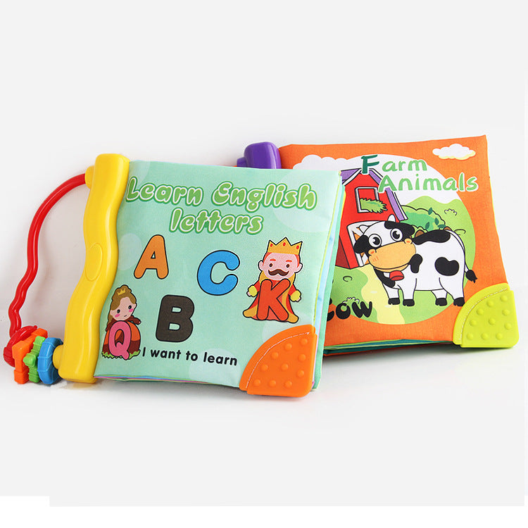 Teether cloth book with rattle, ABC letters theme