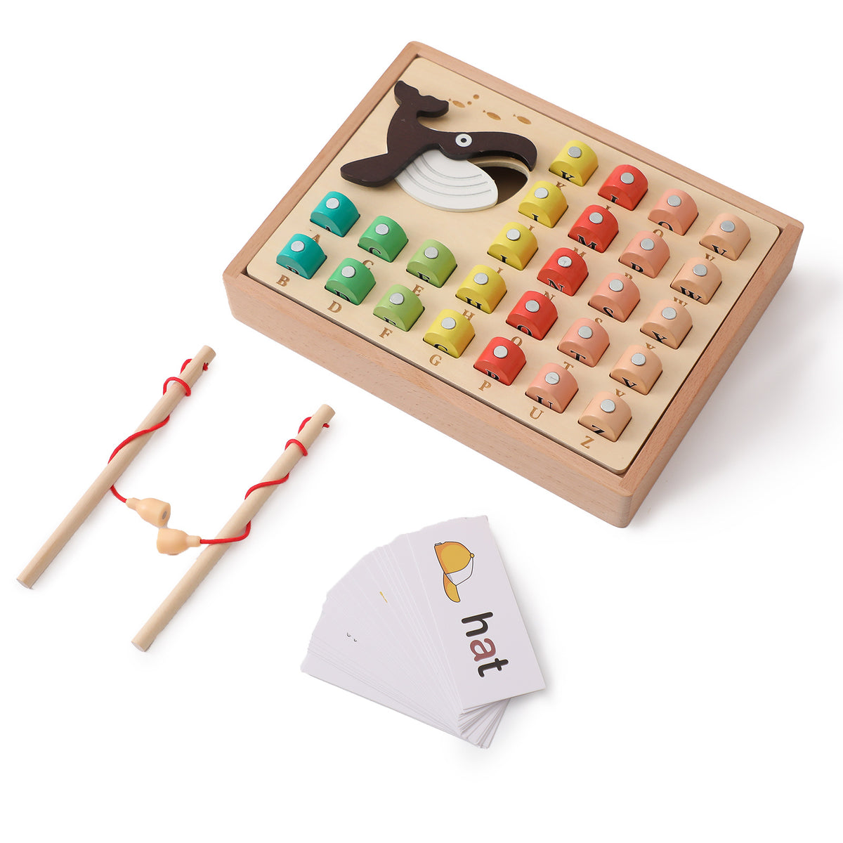 Wooden alphabet fishing game on white background