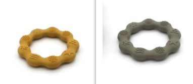 Silicone textured ring teether pair in mustard yellow and sage green