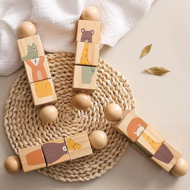 Wooden rotating block puzzles on a woven mat