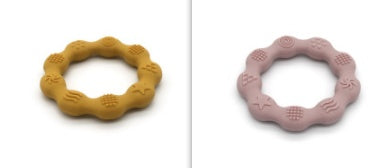 Silicone textured ring teether pair in mustard yellow and light pink
