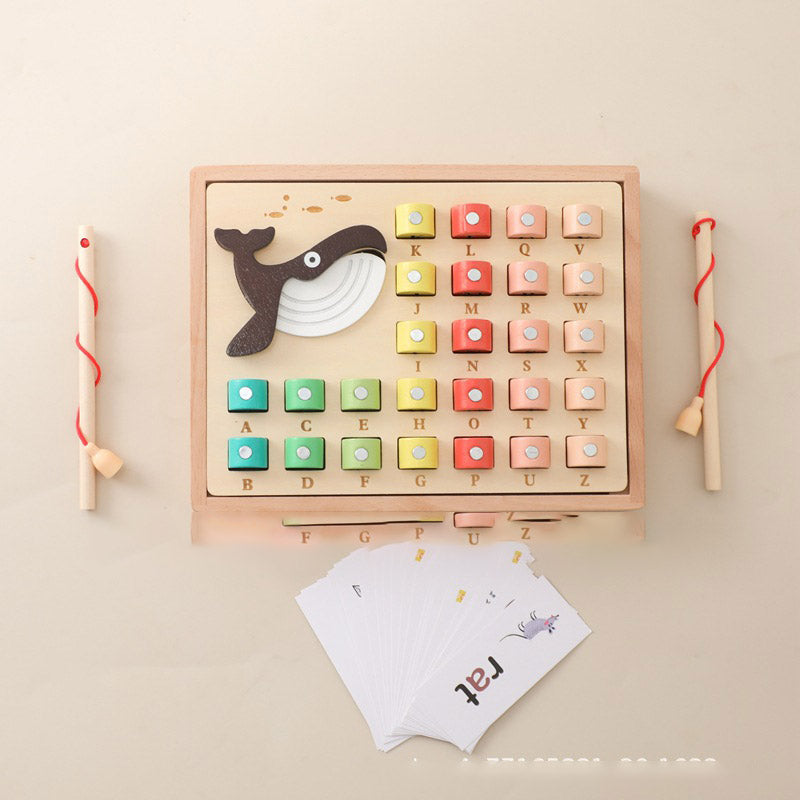 Wooden alphabet fishing game top view with word cards