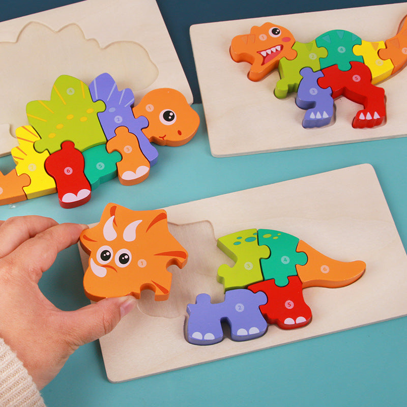 Child building a triceratops wooden dinosaur puzzle