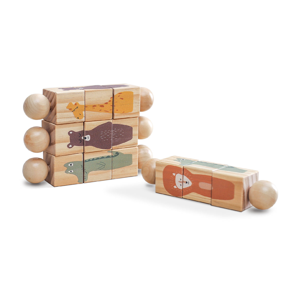 Four wooden rotating block puzzles on white background