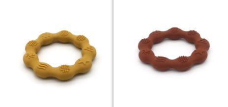 Silicone textured ring teether pair in mustard yellow and rust brown