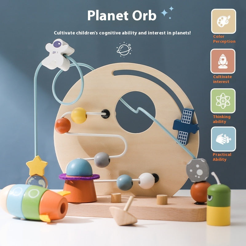 Wooden space bead maze with planet and rocket pieces