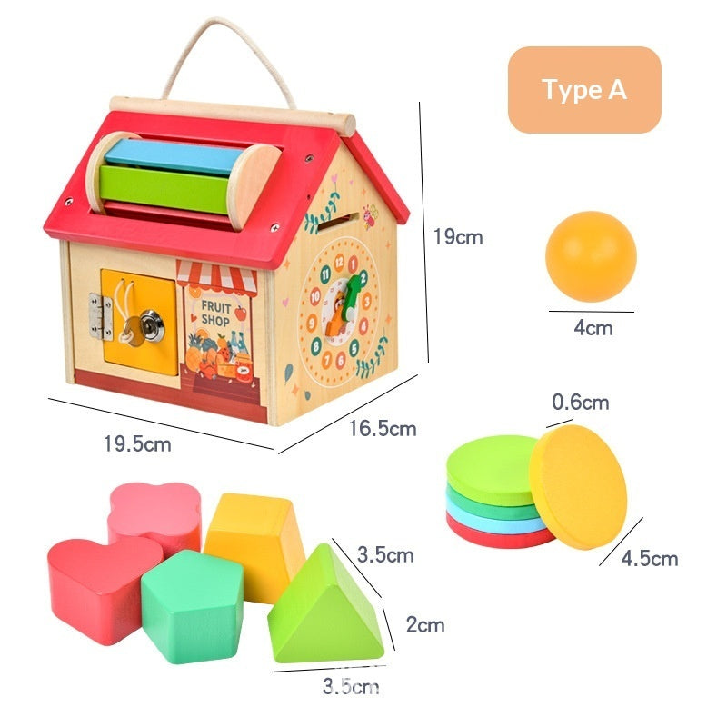Wooden Montessori busy toolbox Type A roller busy house with measurements